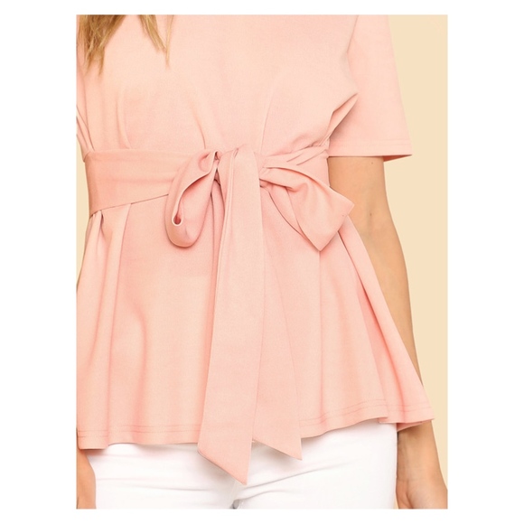 Blush Pink Short Sleeve Self Tie Blouse - Picture 4 of 5